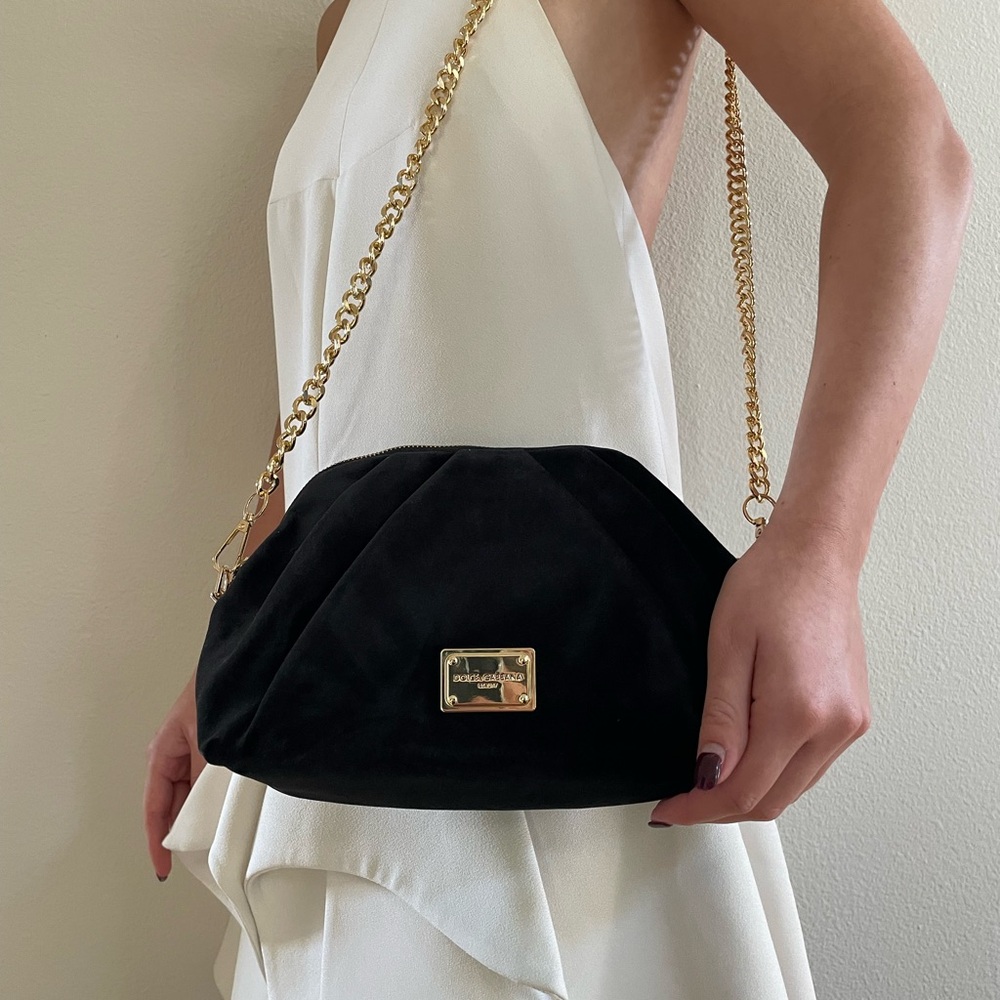 Dolce & Gabbana Black Suede Chain Shoulder Bag with Gold Hardware